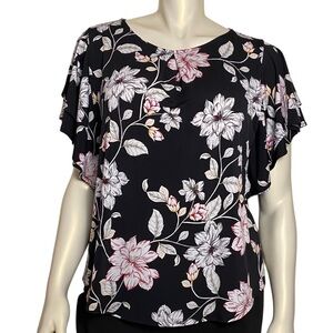 Liz Claiborne Black S/S Top w Multicolor Floral Size XL NWOT
